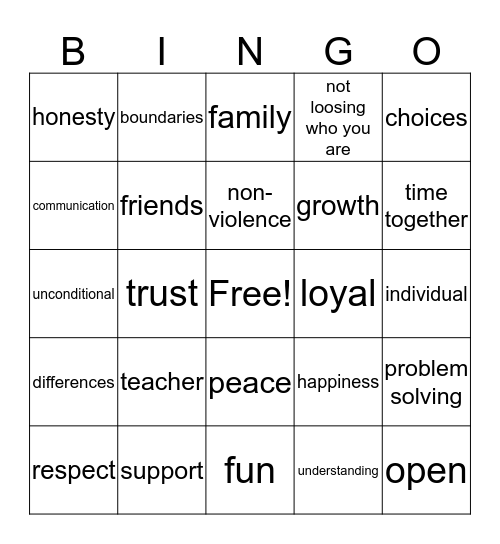 Healthy Relationships Bingo Card