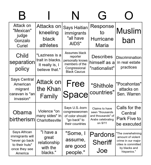 Trump Racism Bingo Card