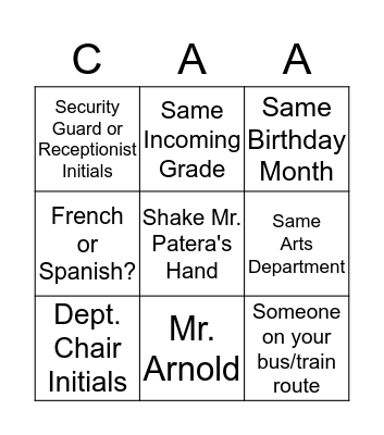 CAA Intro Bingo Card