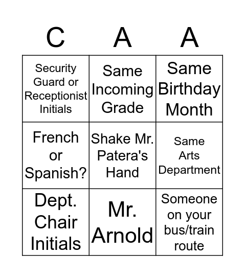 CAA Intro Bingo Card