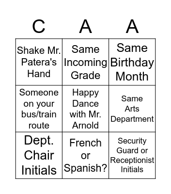 CAA Intro Bingo Card