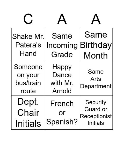 CAA Intro Bingo Card