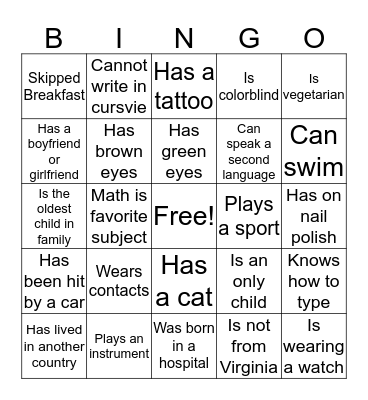 Getting to Know You Bingo Card