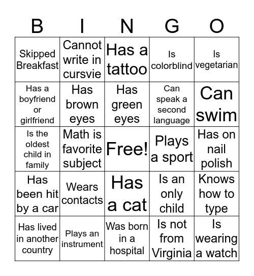 Getting to Know You Bingo Card