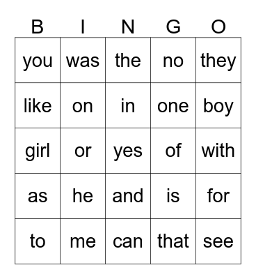 Sight Words Bingo Card