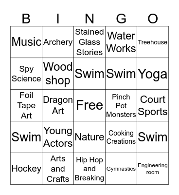 BVG Activities Bingo Card