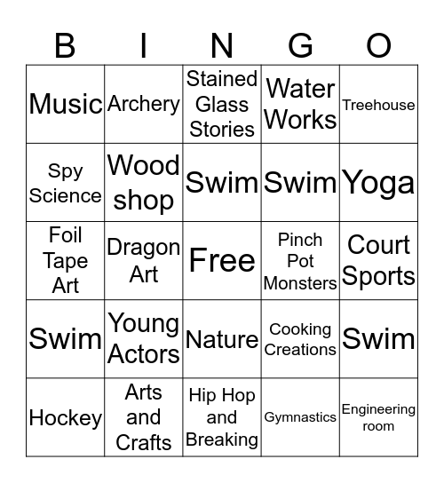 BVG Activities Bingo Card