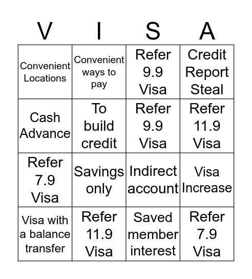 Referred Visa Bingo Card