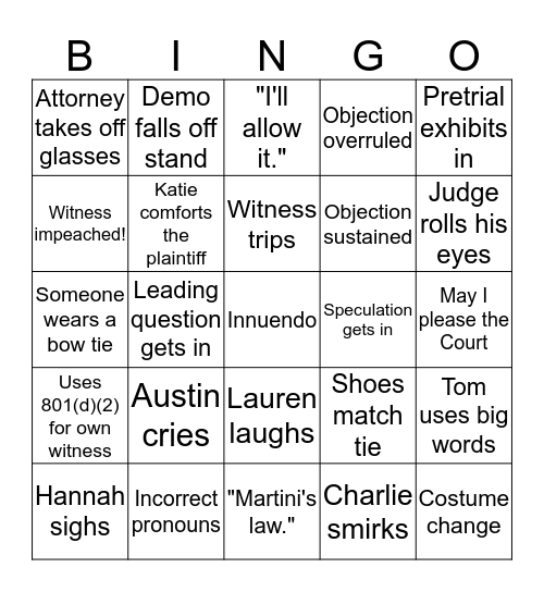 Mock Trial Bingo Card