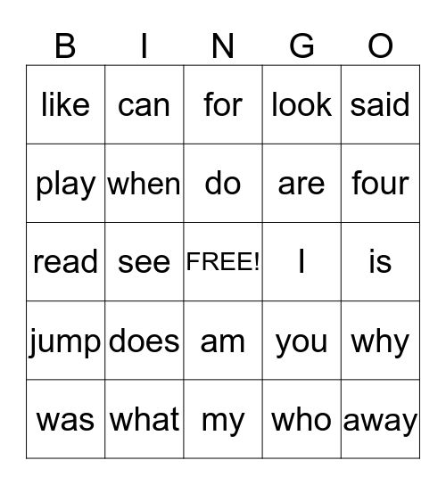 Sight Word Bingo Card