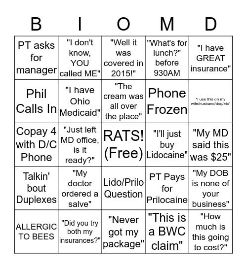 Biomed Pharmacy Bingo Card