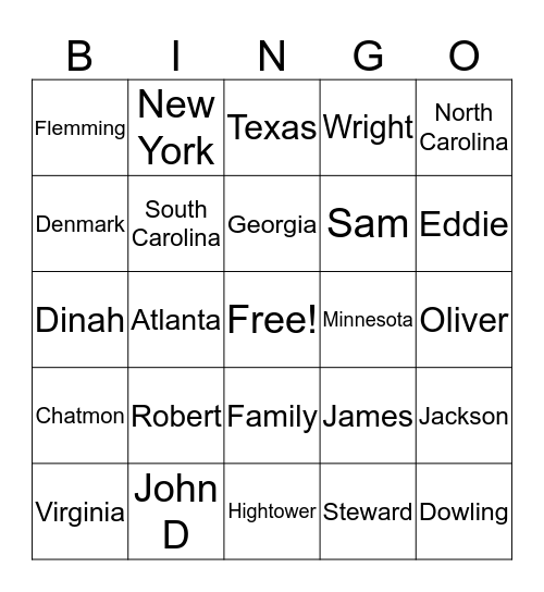 Steward Moody Chatmon Family Reunion Bingo Card