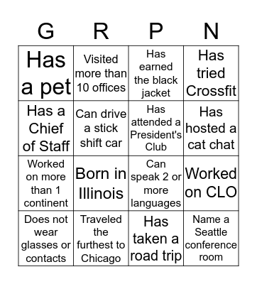 Name:                                                   Bingo Card