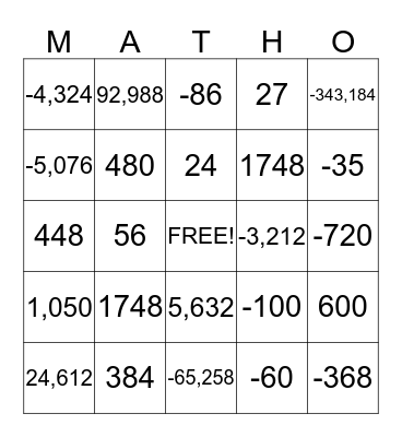 Integer Multiplication Bingo Card