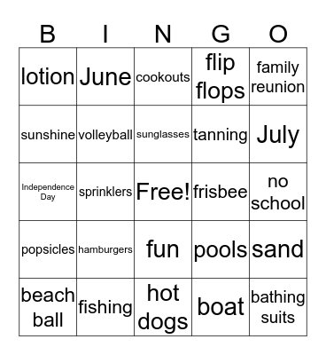 Summer Days Bingo Card