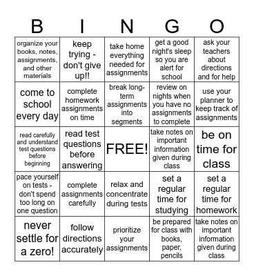 ACADEMIC SUCCESS SKILLS Bingo Card