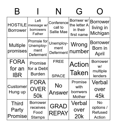 SAC Bingo Card