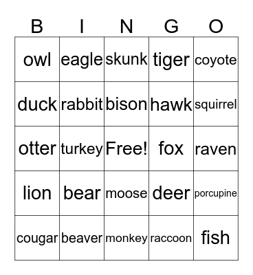 Animal Bingo Card