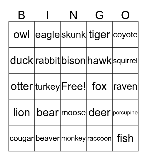 Animal Bingo Card