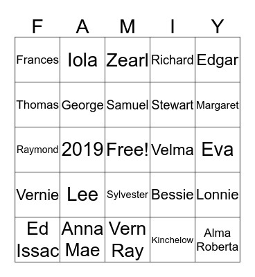 Lee-Stewart Reunion 2017 Bingo Card