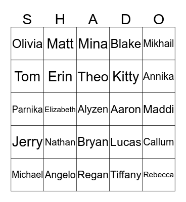 Orange House Rec Social Bingo Card