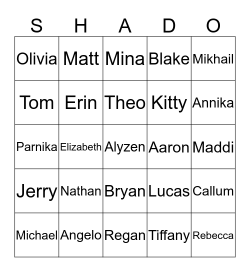 Orange House Rec Social Bingo Card