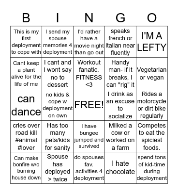 Deployed spouse BINGO Card