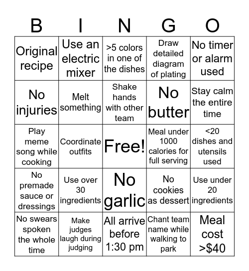 Kitchen Combat Bingo Card