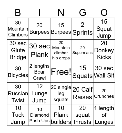 Boot Camp Bingo Card