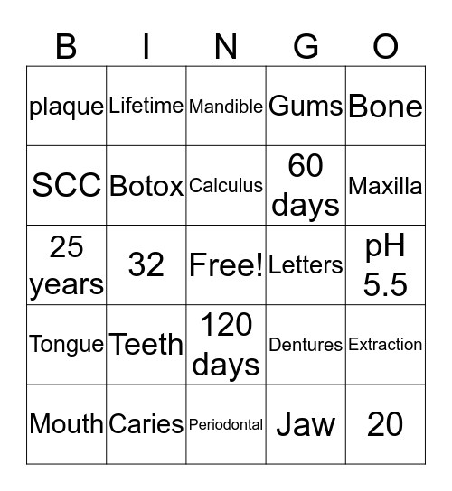 Dental Health Bingo Card