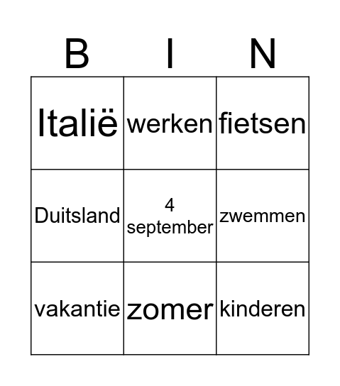 vakantie Bingo Card