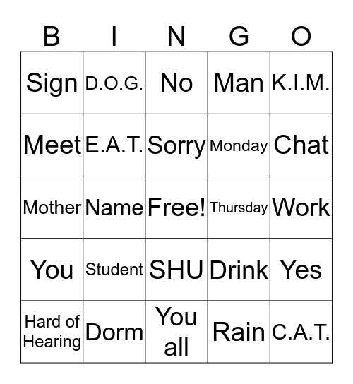 SHU ASL Bingo Card
