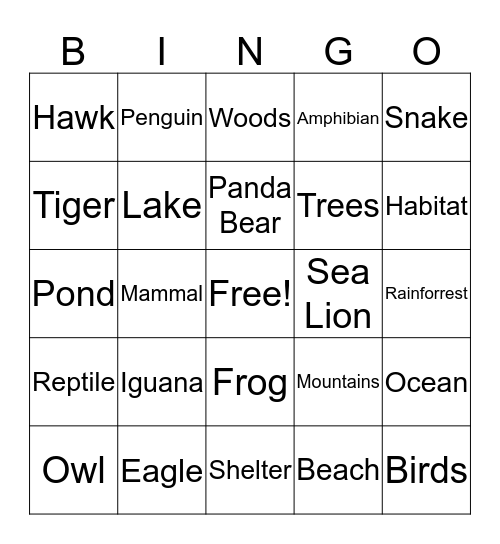 Animal Bingo Card