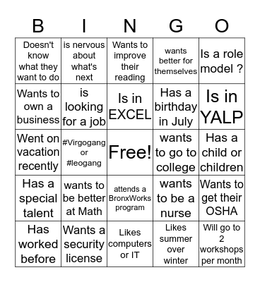 Welcome Week People Bingo Card