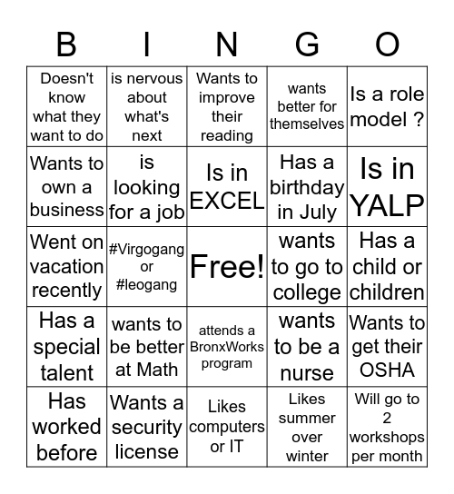 Welcome Week People Bingo Card