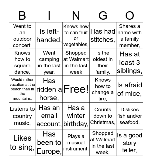 Greet Me Bingo Card