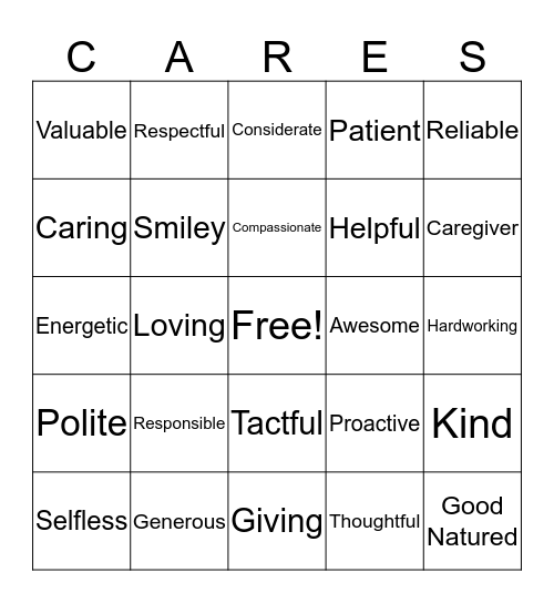 CAREGIVERS Bingo Card