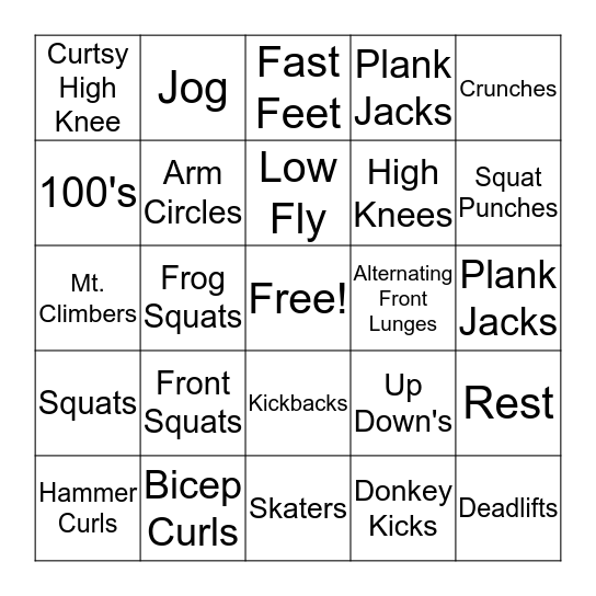 Fitness Bingo Card