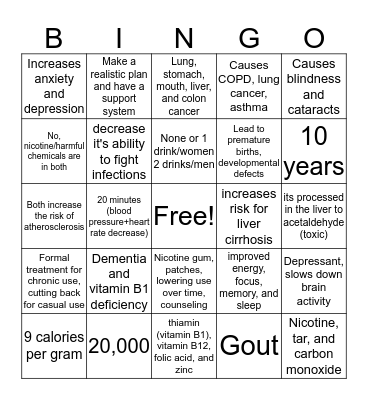 Smoking/Drinking Bingo Card