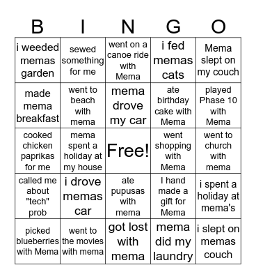 Mema Bingo Card