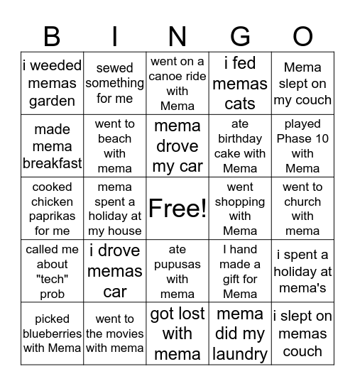 Mema Bingo Card