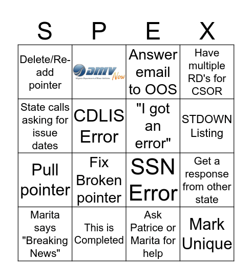 SPEX Bingo Card