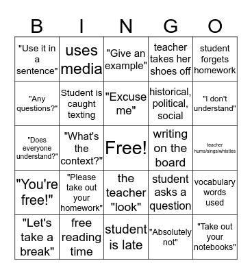 Teacher Bingo Card