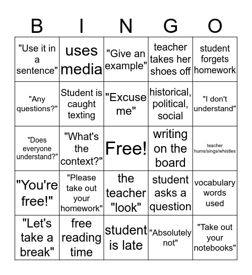 Teacher Bingo Card