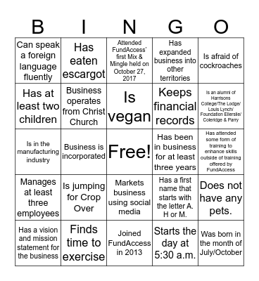 FUNDACCESS  Bingo Card