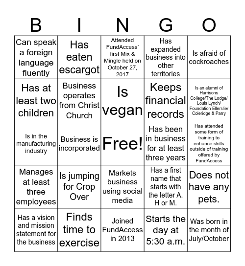 FUNDACCESS  Bingo Card