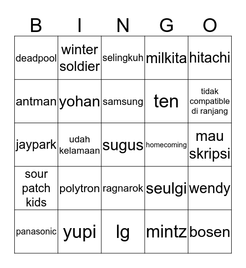 tenneth’s bingo Card