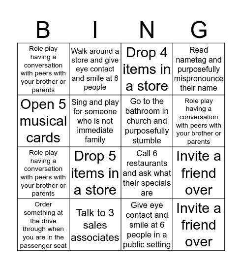 Bravery Bingo Card