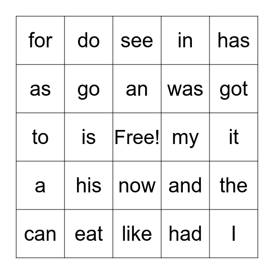 Trick Words Bingo Card