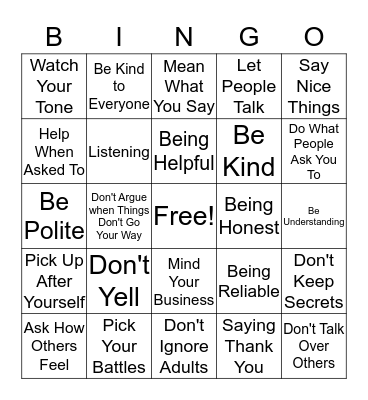 RESPECT Bingo Card